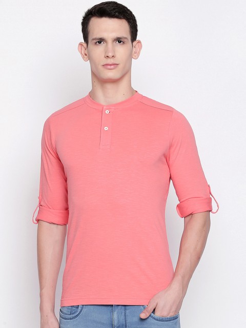 

Basics Men Pink Solid Mandarin Collar T-shirt