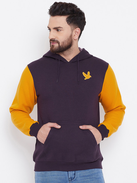 

Canary London Men Burgundy & Mustard Colourblocked Hooded Sweatshirt