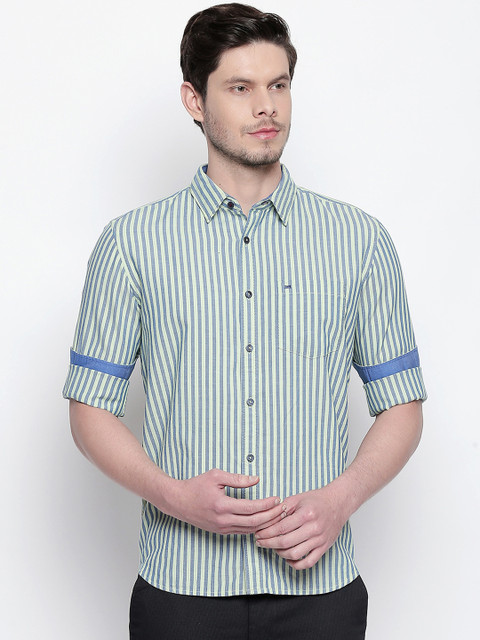 

Basics Men Green & Navy Blue Slim Fit Striped Casual Shirt