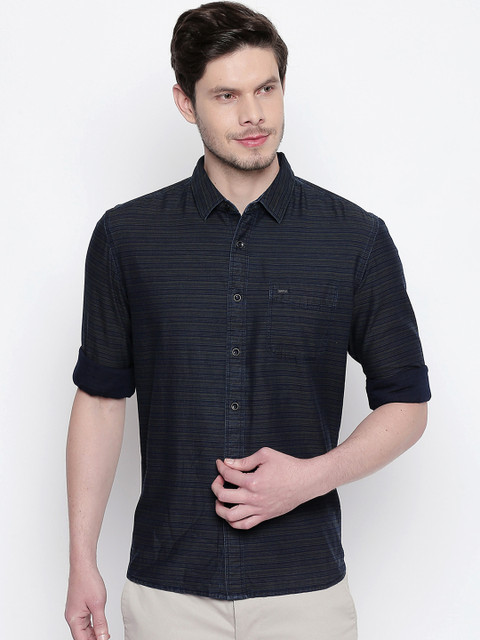 

Basics Men Navy Blue & Yellow Slim Fit Striped Casual Shirt
