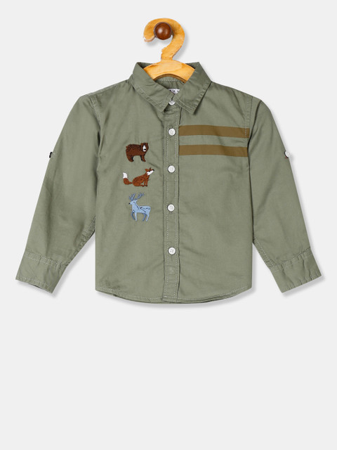 

Donuts Boys Green Regular Fit Striped Embroidered Casual Shirt