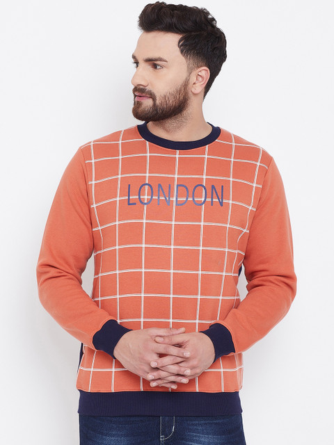 

Canary London Men Rust Orange & Navy Blue Checked Pullover Sweatshirt