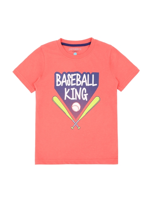 

Pantaloons Junior Boys Coral Pink Printed Round Neck Pure Cotton T-shirt