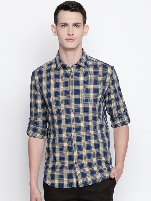 

Basics Men Navy Blue & Yellow Slim Fit Checked Casual Shirt