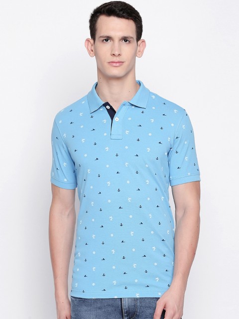 

Basics Men Blue Printed Polo Collar T-shirt