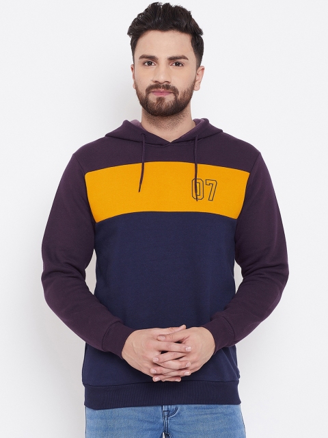 

Canary London Men Navy Blue & Mustard yellow Colourblocked Hooded Sweatshirt