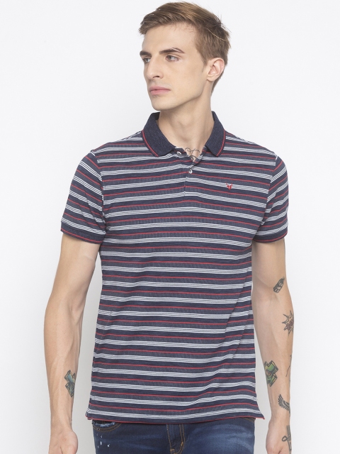 

Globus Men Navy Blue Striped Polo Collar T-shirt