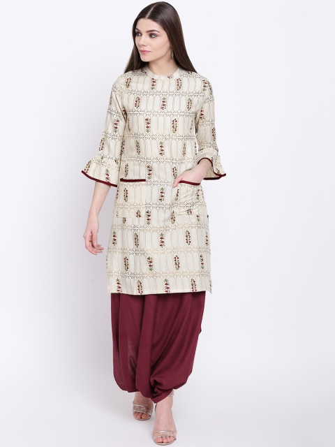

Khushal K Women Off-White & Maroon Printed Kurta with Dhoti Pants