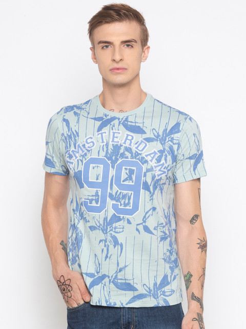 

Globus Men Blue & Green Slim Fit Printed Round Neck T-shirt