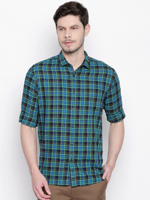 

Basics Men Green & Blue Slim Fit Checked Casual Shirt