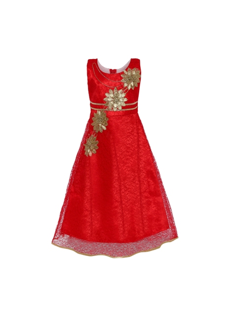

Aarika Girls Red & Gold-Coloured Floral Self Design Fit and Flare Dress