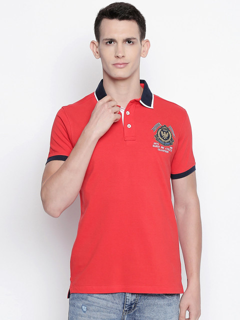 

Basics Men Red Solid Polo Collar Slim Fit Pure Cotton T-shirt