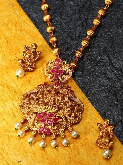 

ANIKAS CREATION Gold-Plated & Red Stone-Studded Beaded Maa Laxmi Temple Jewellery Set