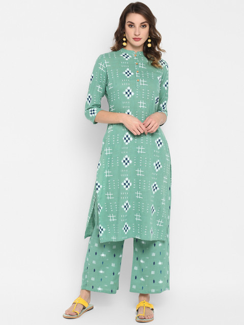 

Janasya Women Sea Green & White Printed Kurta with Palazzos
