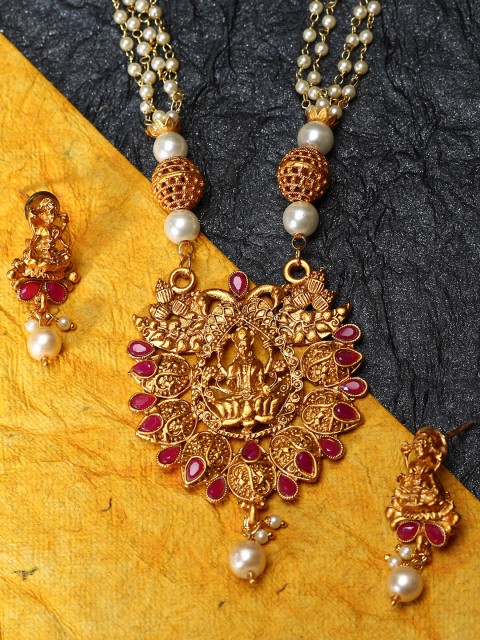 

Anikas Creation Red & Off White Stone-Studded Beaded Gold-Plated Temple Jewellery Set