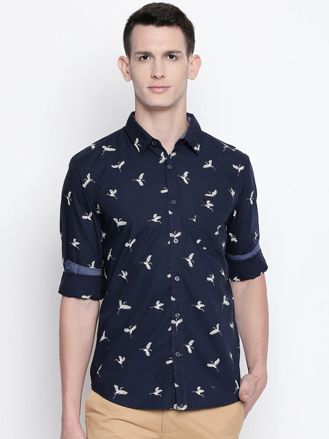 

Basics Men Navy Blue Slim Fit Printed Casual Shirt