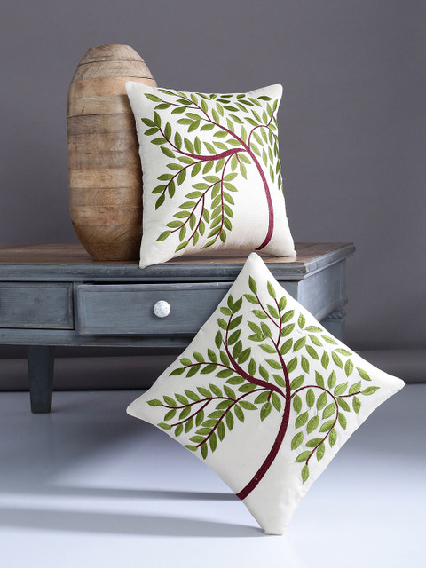 

Alina decor Beige & Green Set of 2 Embroidered Square Cushion Covers