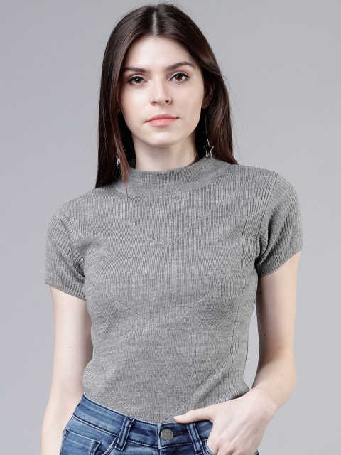 Tokyo Talkies Women Grey Melange Solid Pullover Sweater