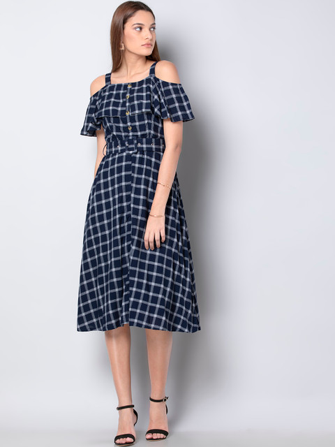 

FabAlley Women Blue Checked Fit and Flare Dress