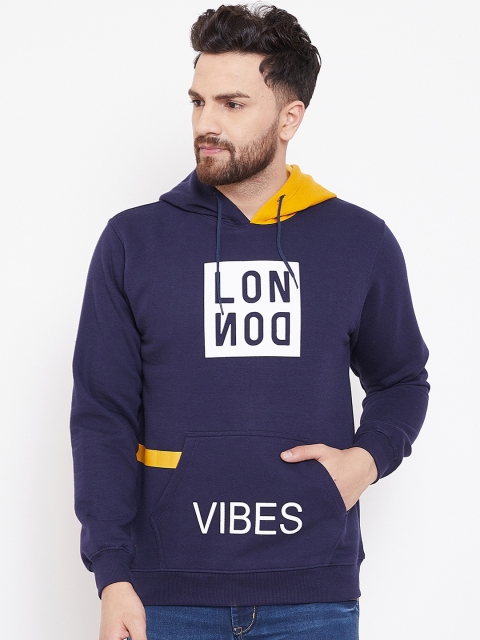 

Canary London Men Navy Blue & White Printed Hooded Sweatshirt