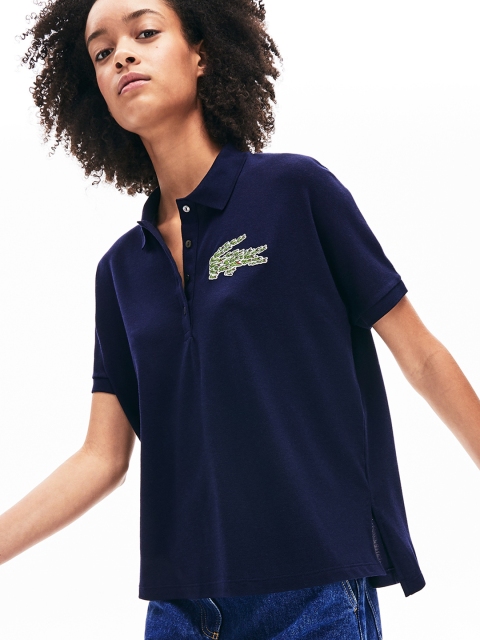 

Lacoste Women Navy Blue Solid Polo Collar Relaxed Fit T-shirt