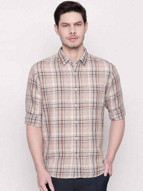 

Basics Men Beige & Grey Slim Fit Checked Casual Shirt