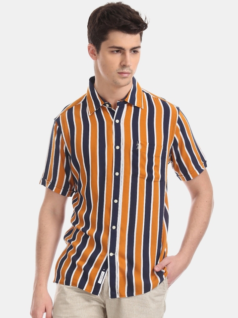 

U.S. Polo Assn. Men Yellow & Navy Blue Regular Fit Striped Casual Shirt