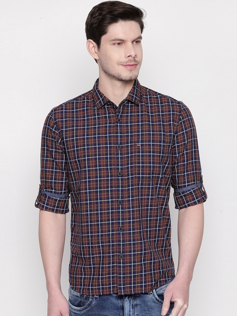 

Basics Men Brown & Navy Blue Slim Fit Checked Casual Shirt