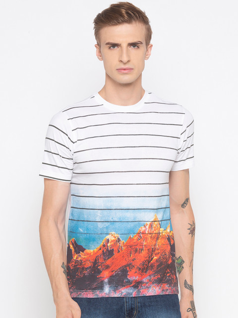 

Globus Men White & Blue Slim Fit Printed Round Neck T-shirt