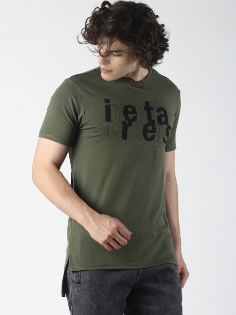 

SHELTR Men Olive Green & Black Printed Round Neck Slim Fit T-shirt