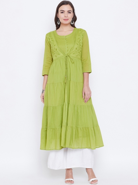 

Prakhya Women Green Solid A-Line Kurta with Tiered Jacket