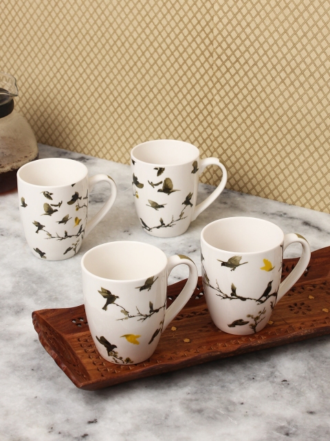 

House Of Accessories Set Of 4 White & Brown Printed Ceramic Cups Set