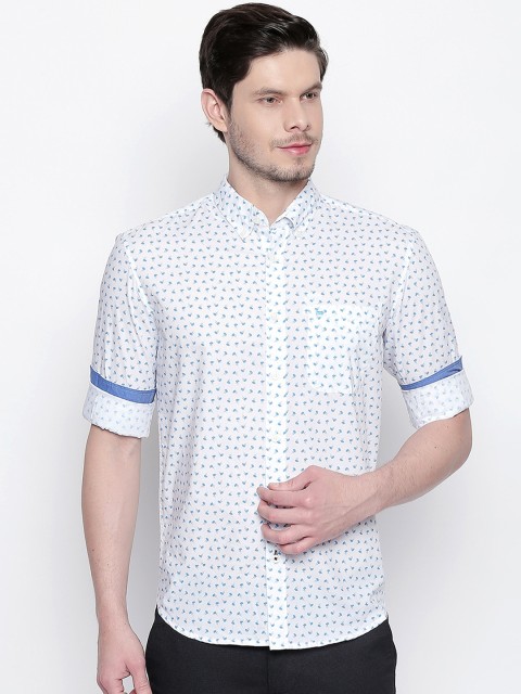 

Basics Men White & Blue Printed Slim Fit Casual Shirt