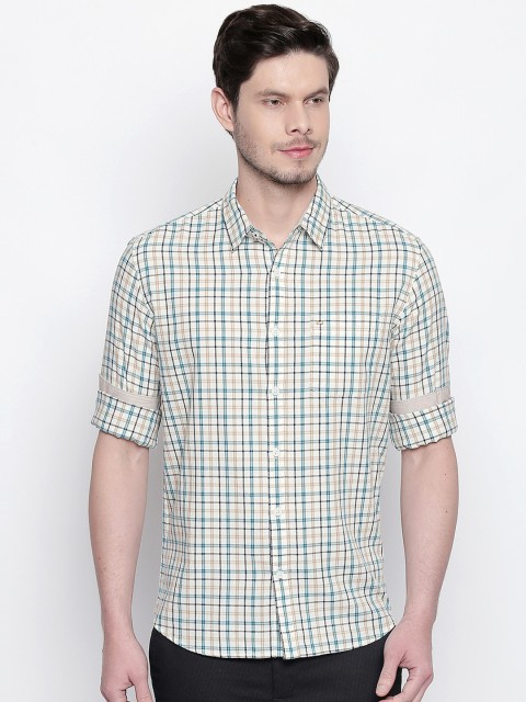 

Basics Men Cream-Coloured & Green Slim Fit Checked Casual Shirt