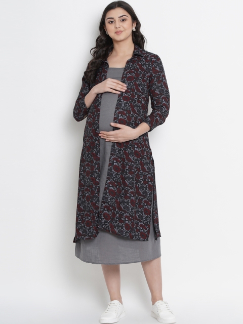 

Mine4Nine Women Grey & Red Printed Open Front Maternity Longline Shrug