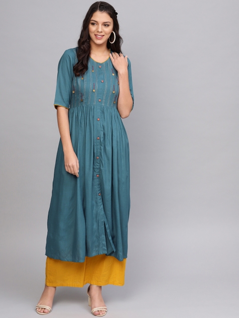 

Varanga Women Teal blue Embroidered A-Line Kurta