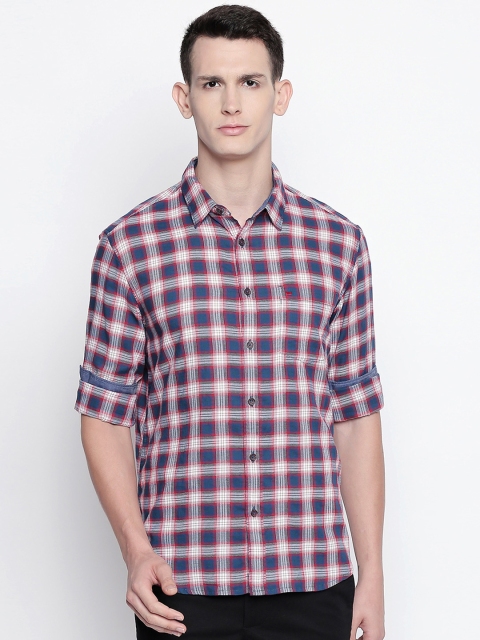 

Basics Men Off-White & Blue Checked Slim Fit Casual Shirt