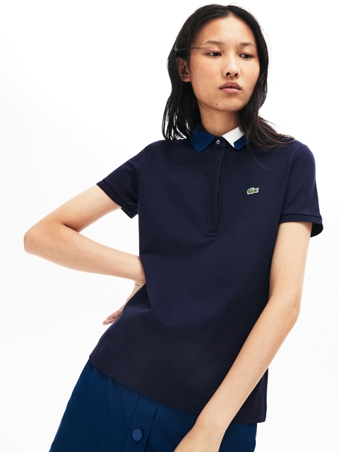 

Lacoste Women Navy Blue Solid Polo Collar Slim Fit T-shirt