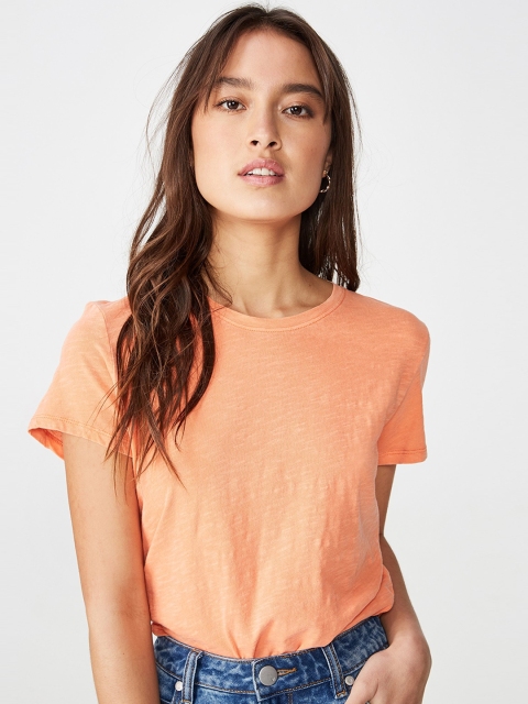 COTTON ON Women Peach-Coloured Solid Round Neck T-shirt