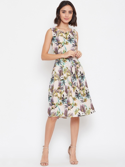 

Ruhaans Women Peach-Coloured & Green Printed Fit and Flare Dress