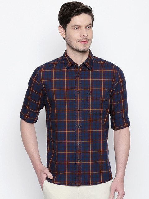 

Basics Men Navy Blue & Maroon Slim Fit Checked Casual Shirt