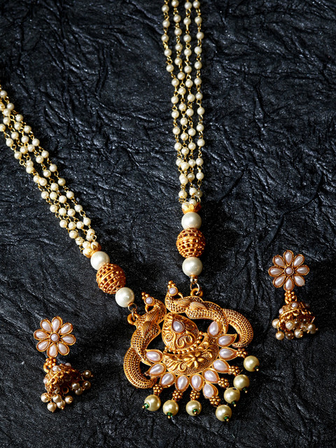 

ANIKAS CREATION Gold-Plated & White Pearl Beaded Peacock Shape Temple Jewellery Set
