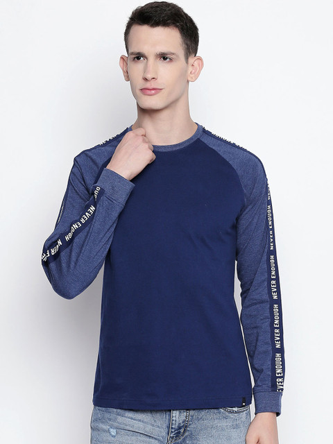

Basics Men Navy Blue Colourblocked Round Neck Pure Cotton T-shirt