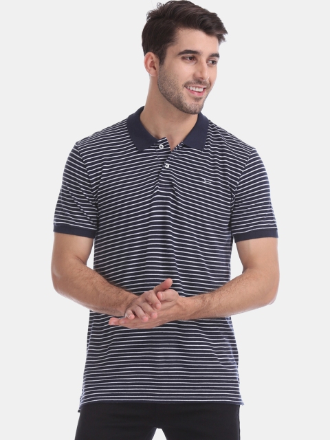 

Flying Machine Men Navy Blue Striped Polo Collar T-shirt