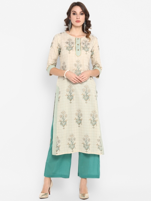

Janasya Women Off-White & Sea Green Printed Kurta with Palazzos