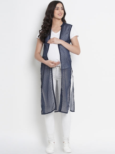 

Mine4Nine Women Navy Blue Self Design Open Front Maternity Longline Shrug