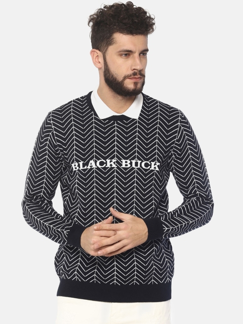 

BLACK BUCK Men Black & White Striped Pullover Sweater