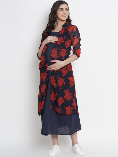 

Mine4Nine Women Navy Blue & Red Printed Open Front Maternity Longline Shrug