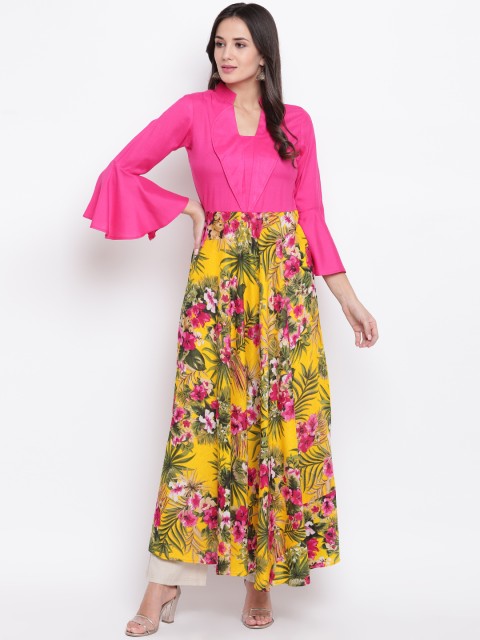 

Vastrachowk Women Pink & Yellow Printed A-Line Kurta