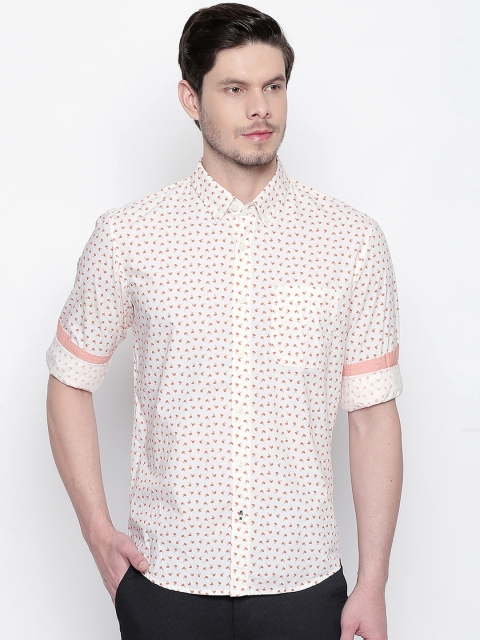 

Basics Men White & Orange Slim Fit Printed Casual Shirt